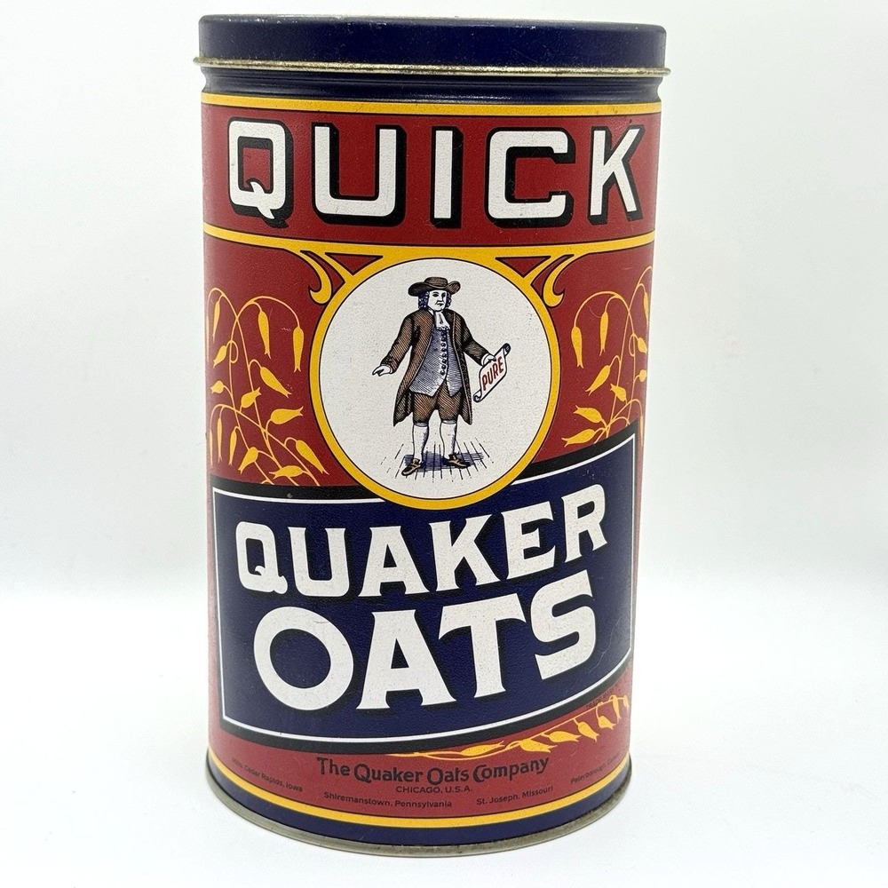 VTG 1990 Quaker Oats Limited Edition Tin Canister Red Blue Gold 8"x4.5" USA